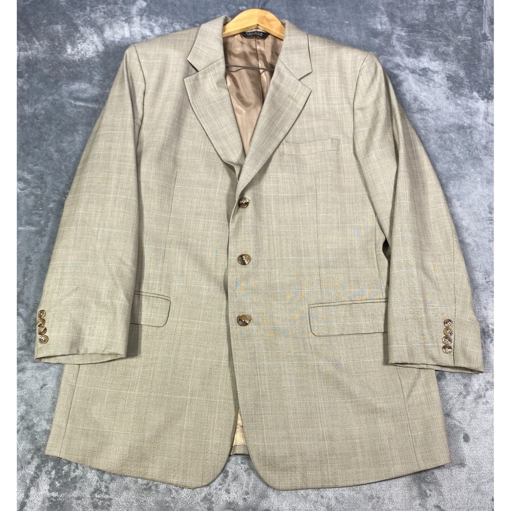 Jos A Bank Jacket 48L Beige Glen Plaid 100% Wool Cashmere Blazer Sport Coat